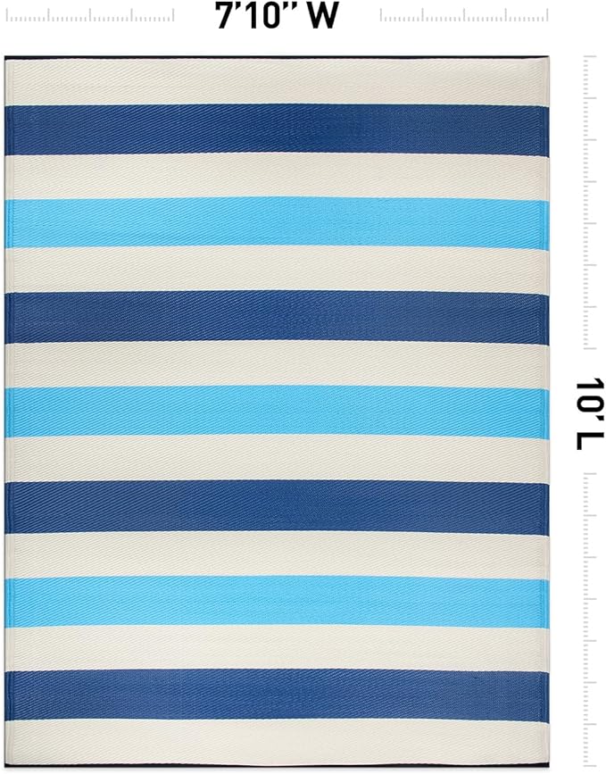Rugshop Contemporary Stripe Reversible Crease-Free Waterproof Premium Recycled Plastic Outdoor Rugs for Patio,Backyard,RV,Deck,Picnic,Trailer,Beach,Camping,Sunroom Blue 7'10" x 10'