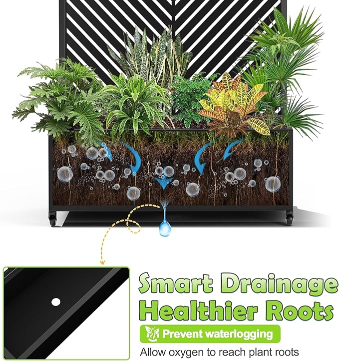 15.7"×70.9"×35.4" Metal Raised Garden Bed with Trellis and Wheels - Tall Trellis Planter Box for Climbing Plants, Vegetables & Vines - Outdoor Privacy Planters for Patio (Black-Parallel)