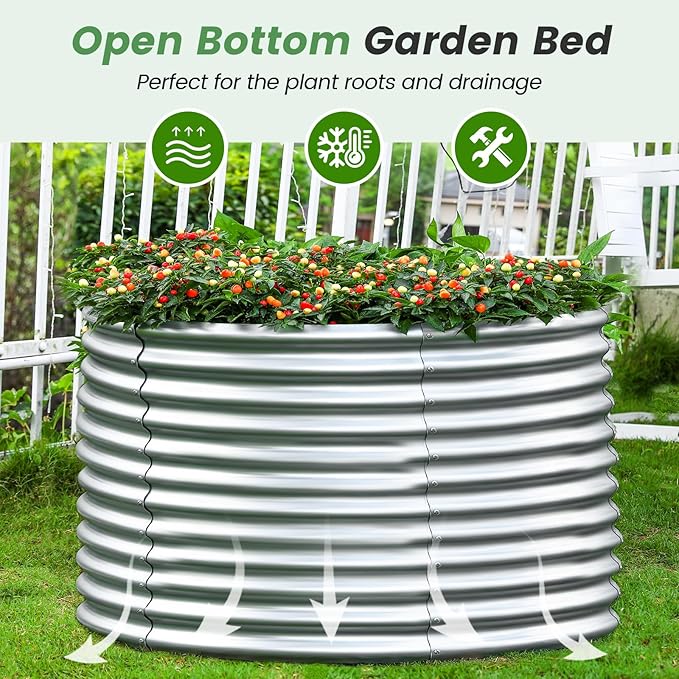 Land Guard 3×3×3ft Galvanized Raised Garden Bed Kit, Round Galvanized Planter Raised Garden Boxes Outdoor, Large Metal Raised Garden Beds for Vegetables, Silver