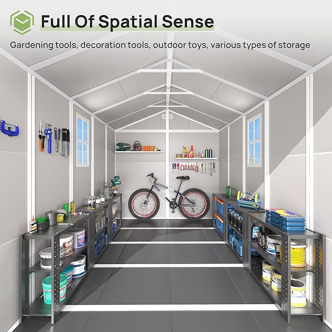 Resin Outdoor Storage Shed with Floor, 8x10.5 FT Plastic Garden Shed with Lockable Door & Window for Bike, Garbage Can, Lawn Mower, Bedge