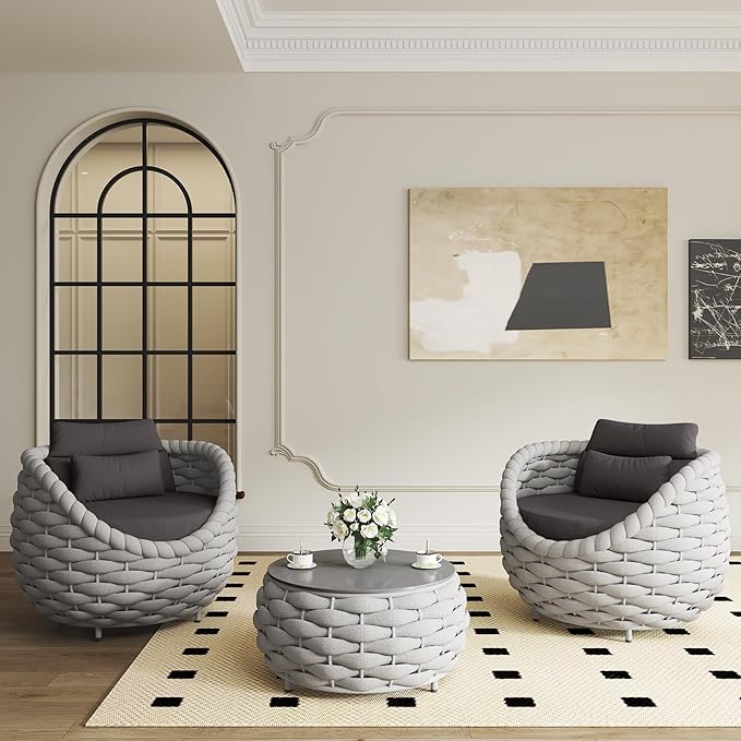 TWT 3 Pieces Aluminum Patio Furniture Set, Modern Outdoor Patio Furniture with Coffee Table, No Assembly Required Outdoor Conversation Set with Dark Grey Cushions for Balcony, Porch, Lawn