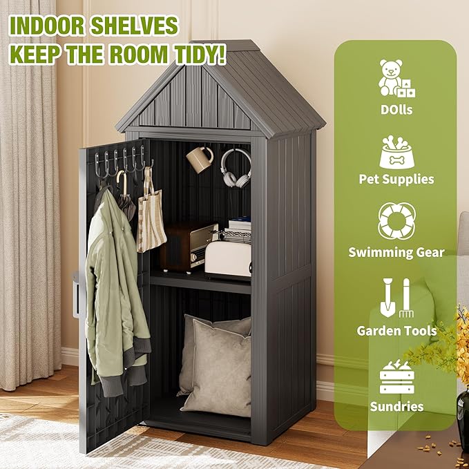 Outdoor Storage Shed – Durable Resin with Sloping Roof and Lockable Door, Waterproof Storage Cabinet with Ample Space, Multiple Hooks for Backyard, Garden, Patio & Lawn Grey