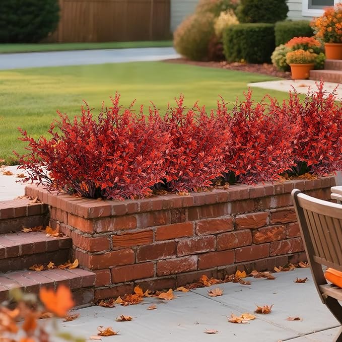 RECUTMS Fake Fall Plastic Flowers Artificial Lavender Plant UV Resistant Flowers Fake Autumn Plant Faux Outdoor Plants Faux Greenery for Party Yard Balcony Thanksgiving Decorations (Wine Red)