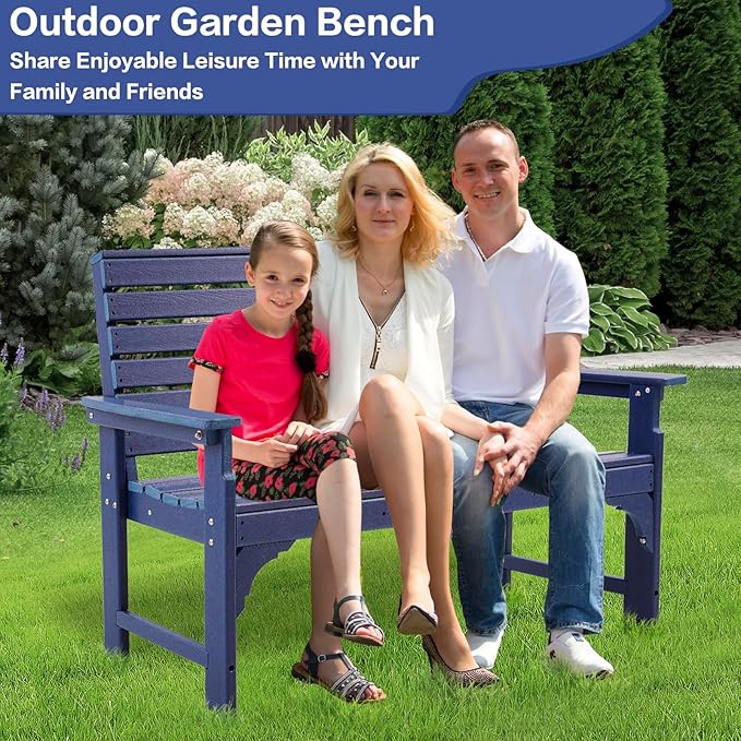 Outdoor Bench Weatherproof - HDPE 2-Person Garden Bench with Cup Holders, Bench Furniture with Backrest and Armrests, 700 lbs Capacity, Patio Park Bench for Front Porch Backyard Park (Blue)