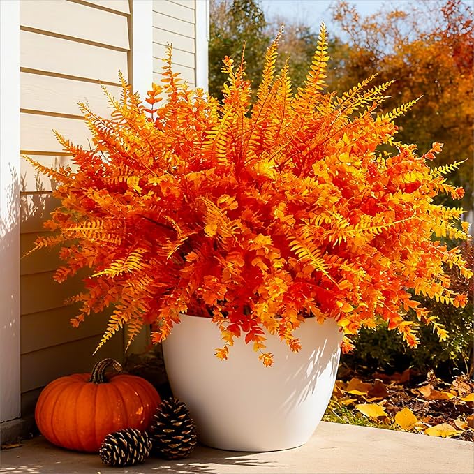 Ivydale Artificial Fake Fall Mums Flowers Plants for Outdoor Outside, 12 Bundles Faux Autumn Orange Daisy Plastic Greenery Realistic UV Resistant for Front Door Porch Patio Balcony Garden Yard Decor