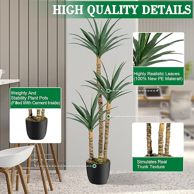 6FT Artificial Tree 2 Pack Faux Agave Plant Indoor, Tall Faux Plant with 3 Heads in Potted Silk Fake Tree for Home Living Rome Office Decor Housewarming Gifts