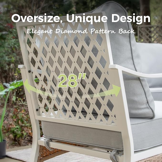 4 Piece Patio Furniture Set, 2 x Rocking Chair, 1 x 2-Seat Sofa with Marbling Coffee Table, 4 Seats Outdoor Conversation Set for Lawn Garden Backyard, Light Gray