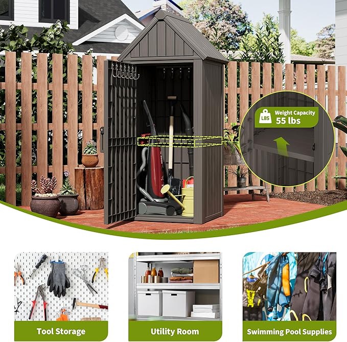 Outdoor Storage Shed – Durable Resin with Sloping Roof and Lockable Door, Waterproof Storage Cabinet with Ample Space, Multiple Hooks for Backyard, Garden, Patio & Lawn Grey
