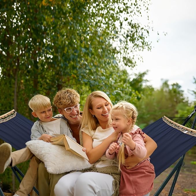 Tranquillo Ultimate Relaxation Portable Hammock Stand with Cotton Canvas Net, Spreader Bar, Quick Fold Unfold in 30 Seconds Steel Frame Hammock 600 lbs Capacity Outdoor, Navy