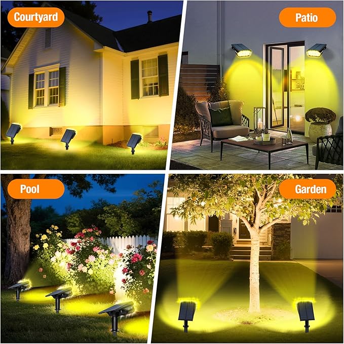 2 Pack Solar Spot Lights Outdoor 1000 Lumens, 64 LEDs IP67 Waterproof Landscape Lighting with 4 Modes - 2-in-1 Solar Spotlight & Pathway Light for Garden, Yard, Patio Decor, Warm White