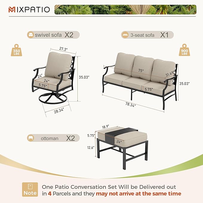 Patio Furniture Set 5 pcs, Outdoor Patio Furniture, 3-Seat Sofa, 2 Swivel Chairs, 2 Ottomans and 5.75" Extra Thick Cushion, Patio Conversation Set for Garden Backyard Deck,Beige