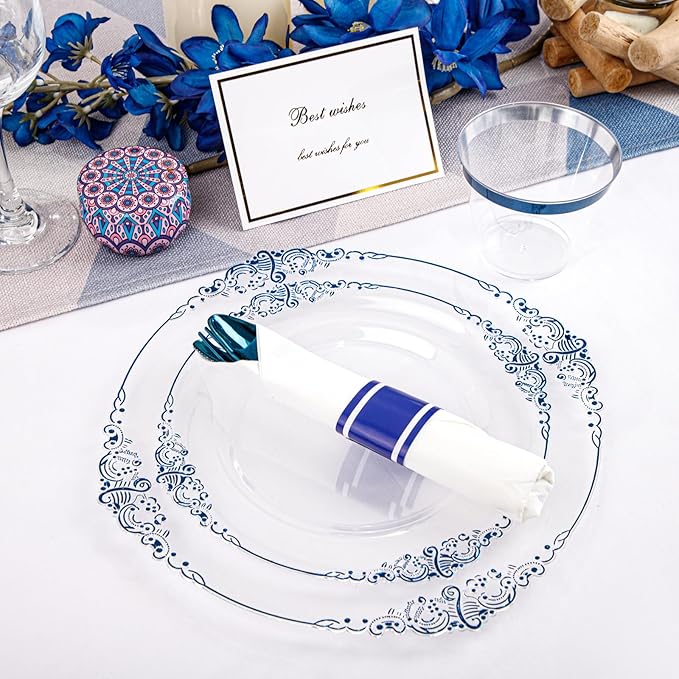 Hioasis 175pcs Clear Blue Plastic Plates - Elegant Disposable Dinnerware Set Suitable for 25 Guests Include 10.25" Dinner & 7.5" Dessert Plates, Pre Rolled Silverware Set, Cups for Party & Wedding