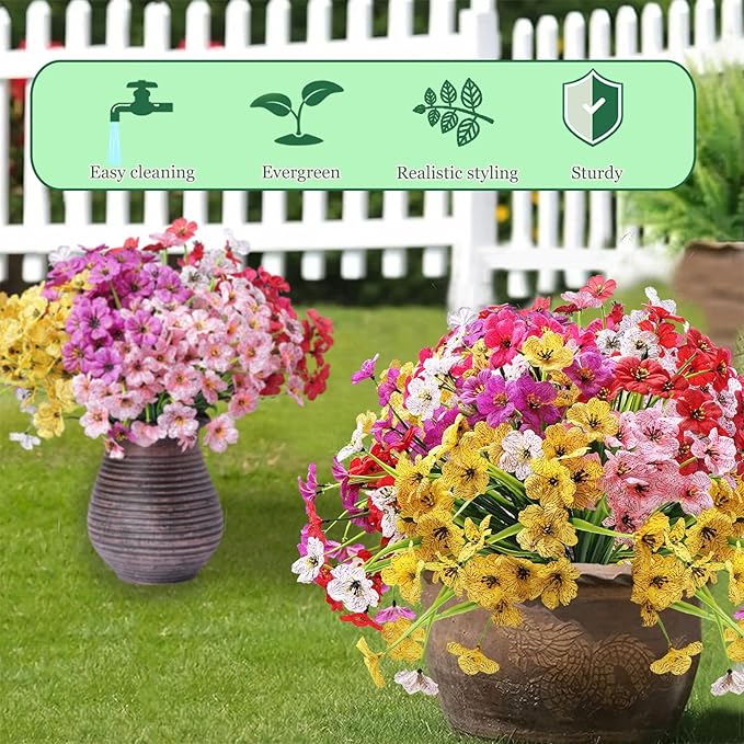 Grever 24 Bundles Artificial Flowers for Outdoor 6 Multicolor UV Resistant Fake Plastic Flowers Faux Plants for Wedding Farmhouse Garden Porch Window Box Indoor Decoration