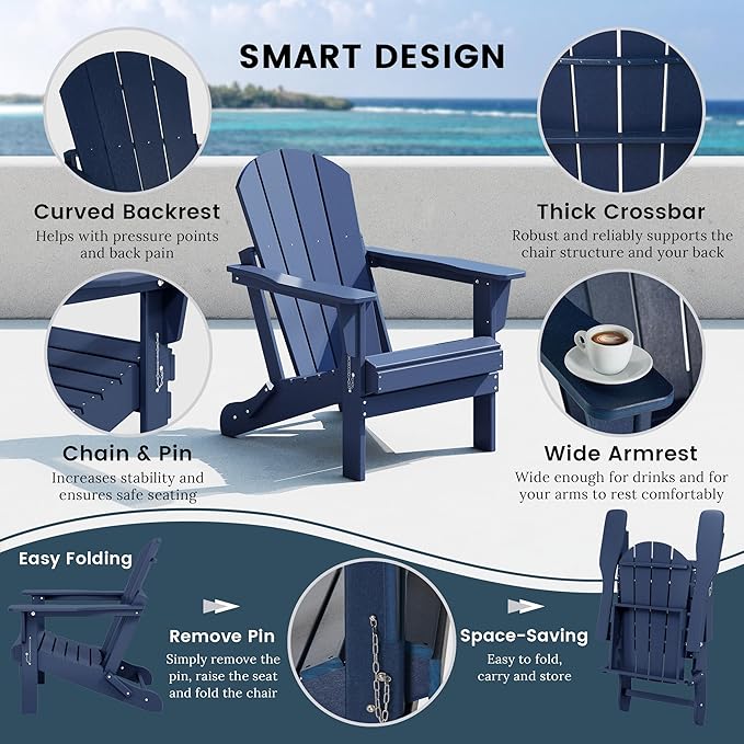 Westin Outdoors Laguna WO Home Furniture Adirondack Chair 2 PCS Set Outdoor Folding Patio Chair for Bon Fire Pit Garden Lawn Backyard Lounging Relaxing (Navy Blue)