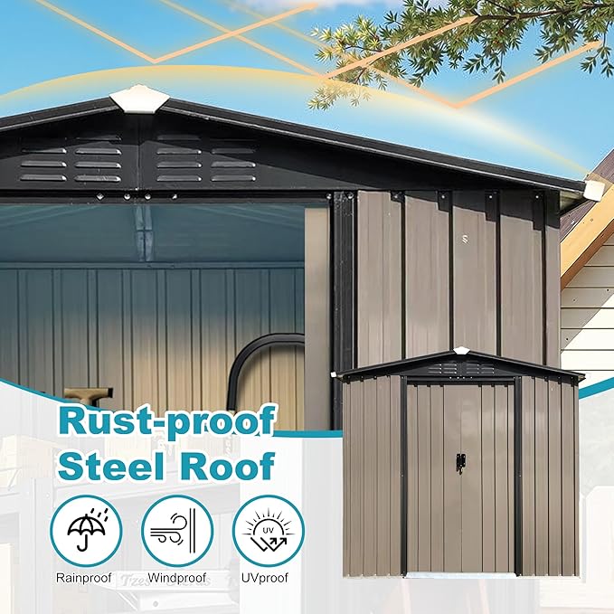 6ft x 4ft Outdoor Tool Shed Metal Storage Shed Outdoor Storage Metal Garden Sheds Tool Cabinet with Roof Slope Design, Sliding Door System for Backyard, Patio, Poolside, Dark Gray
