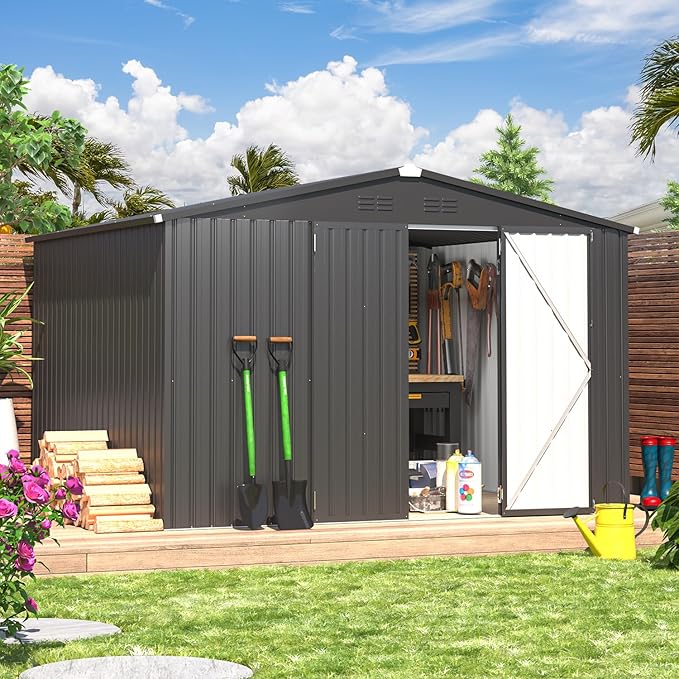 U-MAX 10' x 8' Storage Metal Shed, Dark Grey Large Outdoor Sheds & Outdoor Storage Clearance 8x10, Lockable Garden Shed, Utility and Tool Storage for Garden, Backyard, Patio and Outside Use