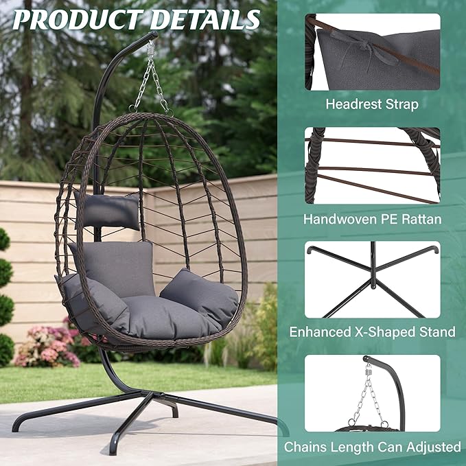 Hanging Egg Chair with Stand, Swinging Egg Chair Outdoor Indoor, Hanging Basket Chair with Cushion, Patio Wicker Hammock Chair 350lbs Capacity for Bedroom, Balcony, Backyard, Garden (Grey)