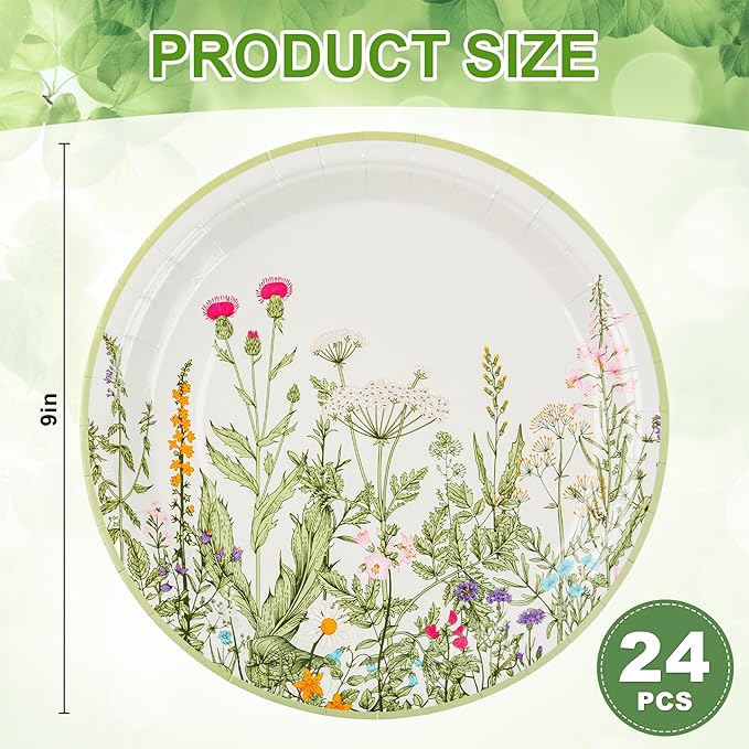 Wildflower Party Plates 9" Floral Paper Plates Botanical Green Leaves Herbs Disposable Flower Party Supplies Spring Summer Vintage Garden Decorative Dinner Dessert Plates
