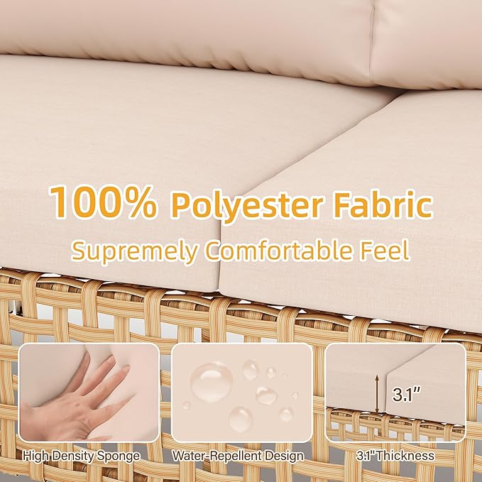 Wicker Small Patio Furinture Set, Rattan Sectional Sofa, Outdoor Couch Set with Comfy All-Weather Cushions and Coffee Table, Perfect for Porch, Backyard, Apartment, Balcony (Yellow/Beige)