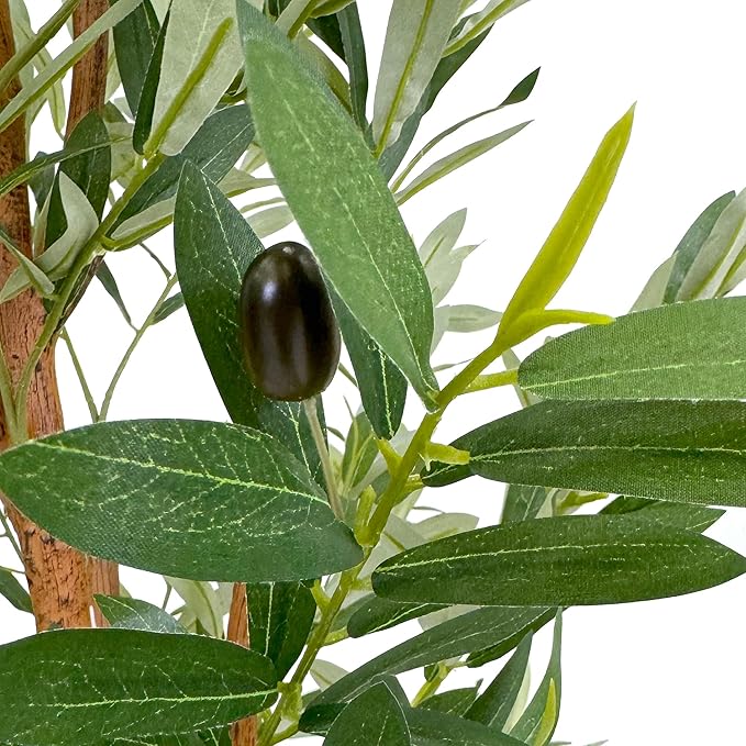 Artificial Tree in Black and Brown Striped Planter, Fake Olive Silk Tree for Indoor and Outdoor Home Decoration - 68" Overall Tall (Plant Pot Plus Tree)