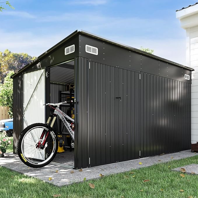 Aoxun 11.5’x7.5’ Shed Outdoor Storage Shed with Triple Lockable Door Metal Storage Cabinet with Slopping Roof for Tools Bicycles Storage for Garden, Patio, Courtyard