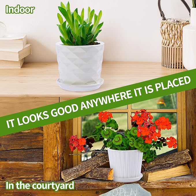 Plant Pots - 5.5 Inch Cylinder Ceramic Planters with Connected Saucer, Pots for Succuelnt and Little Snake Plants, Set of 4, White