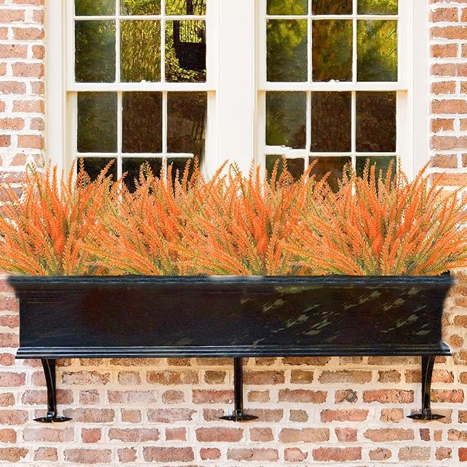 36 Pcs Artificial Fall Flowers Outdoor, UV Resistant Fake Lavender Flowers Faux Plastic Fall Plants Shrubs Bushes for Indoor Outside Planters Porch Window Box Patio Home Decor（Orange）