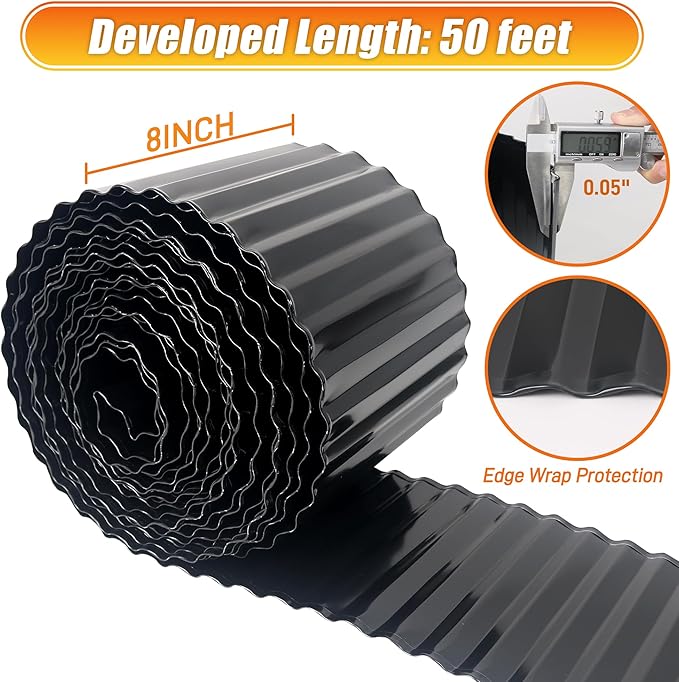 Corrugated Metal Garden Edging, 8"×50Ft Landscape Edging Border for DIY Lawn, Flower Bed and Garden Fence, Metal Garden Edging for Landscaping, Yard and Tree Surrounds Borders, Black