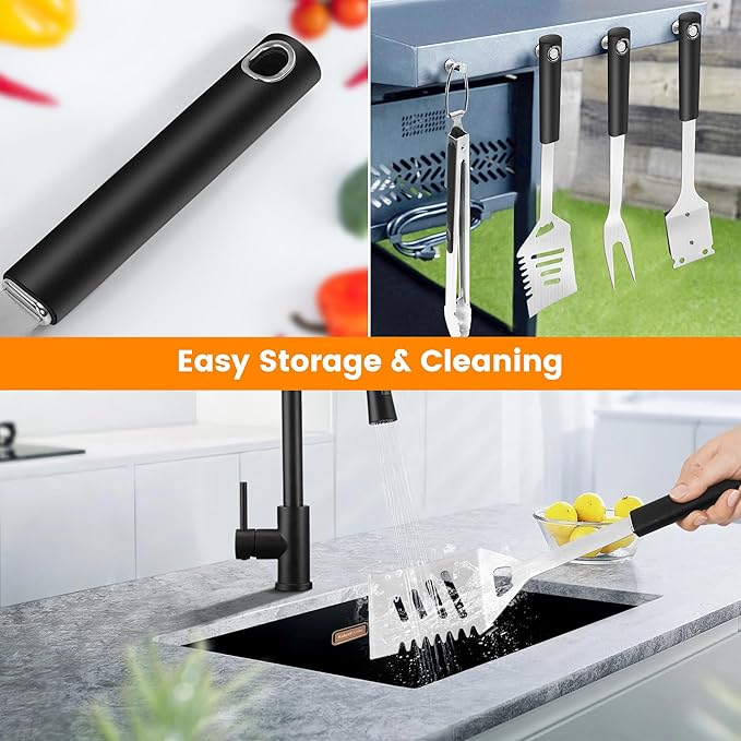 Grill Accessories Kit, Stainless Steel Grill Tool Set with 4-in-1 BBQ Spatula, Fork, Tong, Brush, Skewers, Silicone Corn Holders, Grilling Gift Set for Men and Women