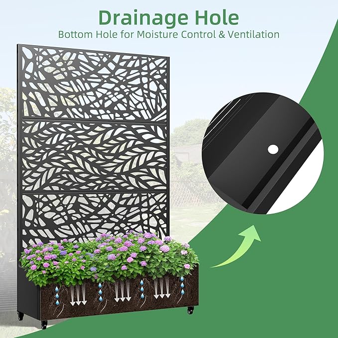 Casaphoria Metal Raised Garden Bed with Trellis and Wheels, 72"x 47"x 16" Planter Box for Climbing Plants, Vegetables & Vines, Features Drainage Holes and Privacy Screen,Black(Black-Spring&Net)