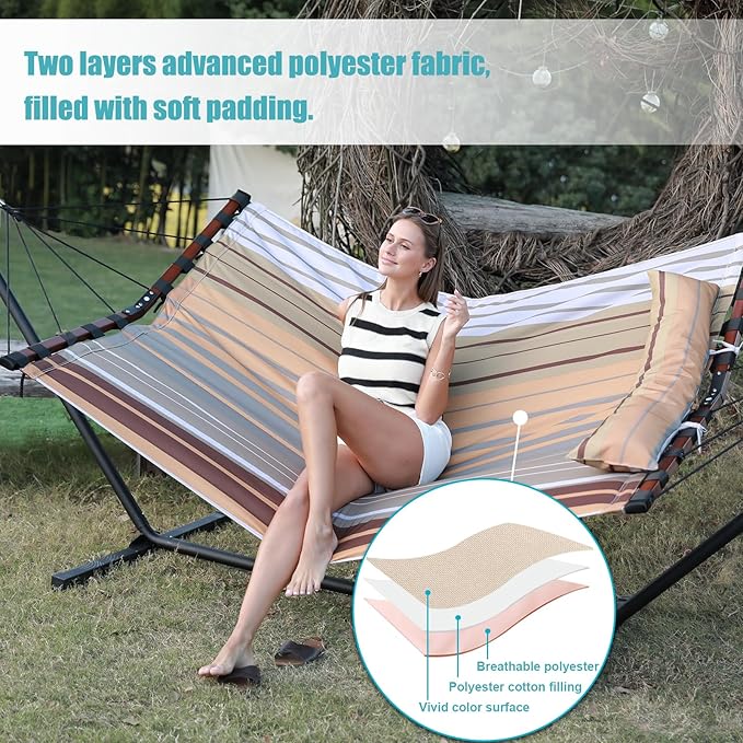 TegerDeger 12FT 2 Person Hammock Large Hammock 450LB Capacity with V Shaped Hardwood Spreader Bar & Nylon Rope for Outside, Patio, Garden, Backyard, Beach, Poolside - Fall Yellow Stripes