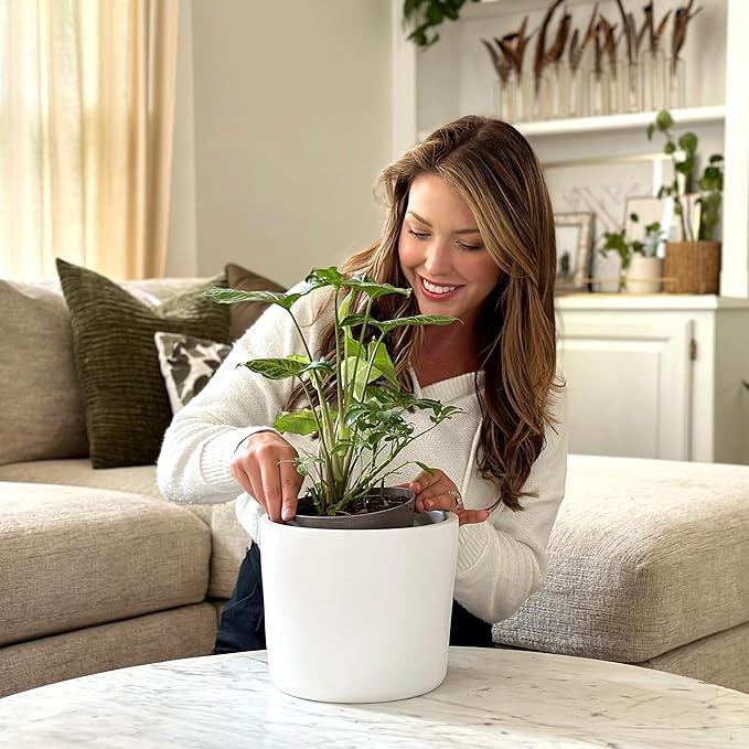 Willowy 9 Inch Matte White Ceramic Planter with Drainage - Ceramic Plant Pots for Indoor, White Indoor Planter, Flower Pot, 9 Inch Plant Pot