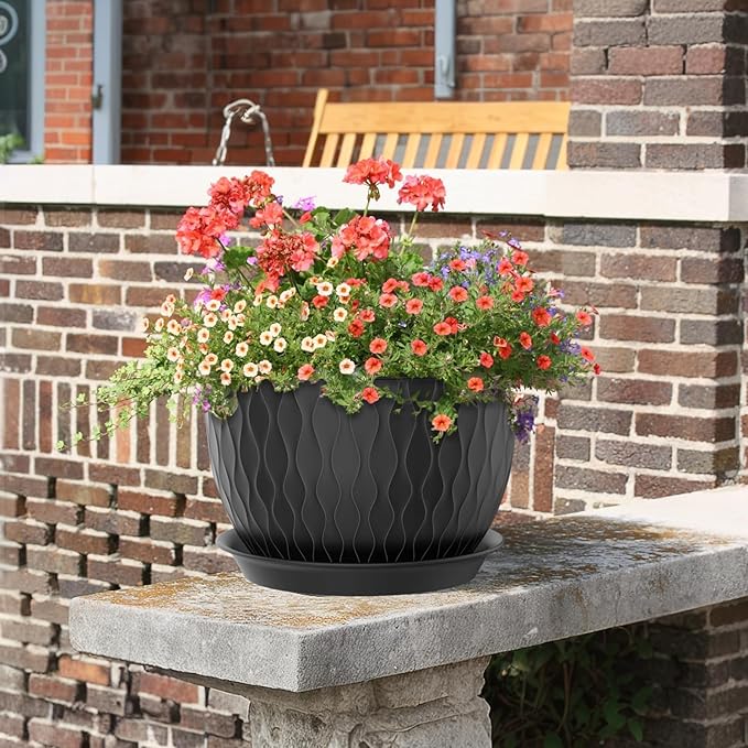 12/10/9 inch Large Plant Pots, 3 Pack Wide Flower Pots for Outdoor Indoor Plants with Water Ripples, Big Plastic Planters with Drainage Holes and Saucers for Garden House Plants, Black