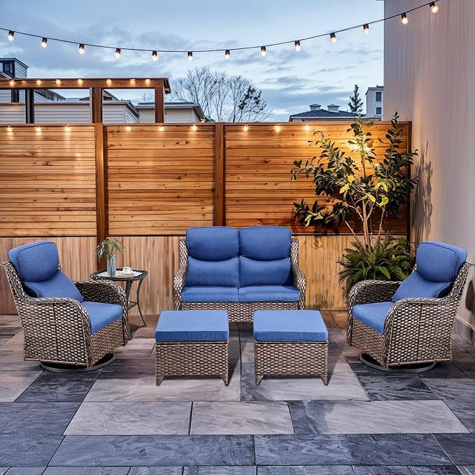 HUMMUH 6-Piece Outdoor Wicker Patio Furniture Set with Swivel Glider Chairs, Loveseat & Ottomans 5” Olefin Cushions Ergonomic Neck-Lumbar Backrest All-Weather Rattan for Garden, Deck, Porch