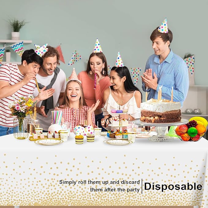 2 Pack White and Gold Dot Tablecloth, White Plastic Table Cloths for Parties Disposable, 54x108in Waterproof Rectangular Camping Tablecloth for Birthday Party Picnic Baby Shower