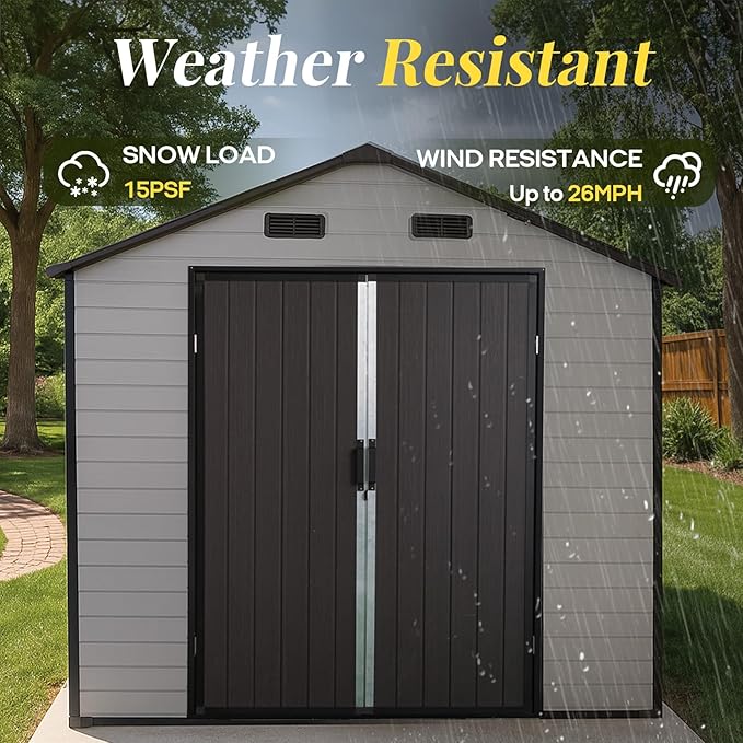 8x14ft Resin Outdoor Storage Shed with Floor and 2 Windows, Plastic Sheds & Outdoor Storage Clearance for Patio Furniture, GardenTools, Bike Accessories and Lawn Mower, Brown+White