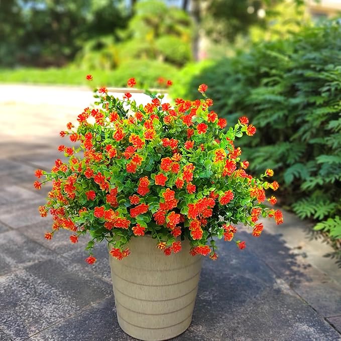 12 Bundles Artificial Flowers for Outdoors, UV Resistant Fake Flowers with Plastic Plants, Faux Flowers for Outside Window Box Front Porch Hanging Planter Decor(Orange Red)