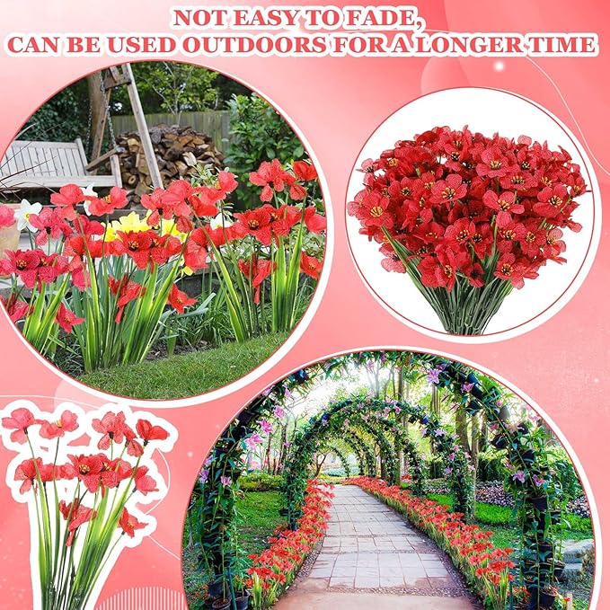 Lyrow 100 Bundles Violet Artificial Flowers, UV Resistant Faux Flowers Outdoor, Faux Silk Flowers, Fake Violet Flowers Bulk for Front Porch Hanging Garden Courtyard Farmhouse Home(Red)