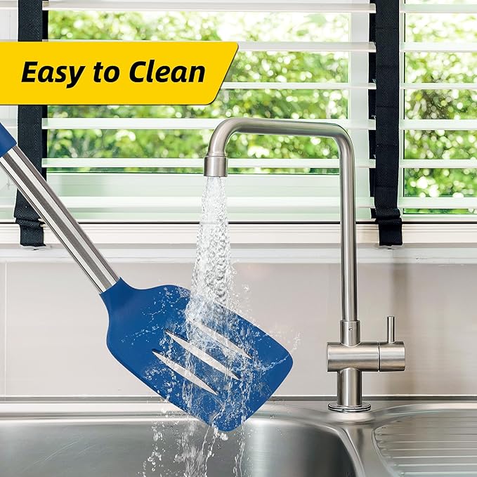 4 Pack Silicone Utensils Set, Non Stick Solid Spatulas, Heat Resistant Blue Slotted Spoons with Stainless Steel Handle, BPA Free Cooking Turner for Stir-Fry, Frying, Mixing, Serving,Draining,Turning