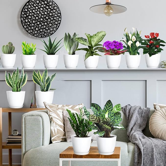 Plant Pots, 12 Pack 6 inch Modern Plastic Planters with Drainage Holes and Saucers for Indoor Outdoor Plants and Flowers, White