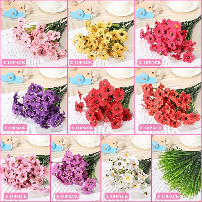 Lyrow 100 Bundles Violet Artificial Flowers, UV Resistant Faux Flowers Outdoor, Faux Silk Flowers, Fake Violet Flowers Bulk for Front Porch Hanging Garden Courtyard Farmhouse Home(Classic Colors)