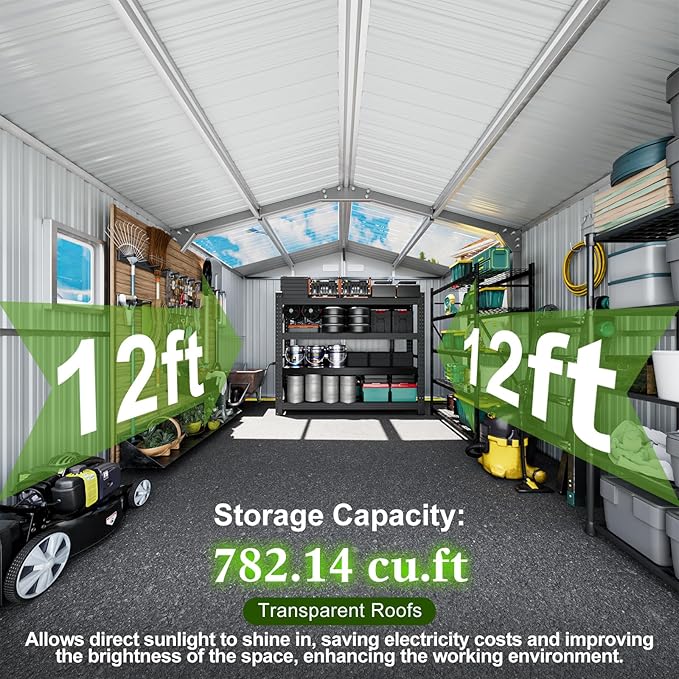 12x10 FT Metal Sheds & Outdoor Storage with Floor: Heavy Duty Garden Sheds with Dual Transparent Roof Panels, DIY-installable Windows & Lockable Doors, Tool Shed w/Base for Backyard, Patio, Grey