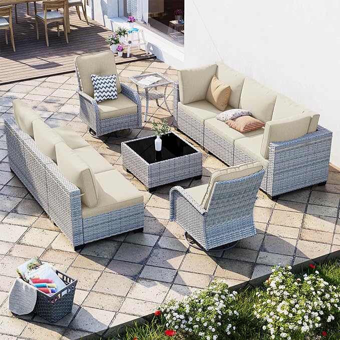 10-Piece Patio Furniture Set, Outdoor Patio Furniture with Swivel Chairs Set, Thick Cushions, Modular Patio Sofa, Dual-Strand Wicker Rattan, Rust-Resistant Frame, Ivory