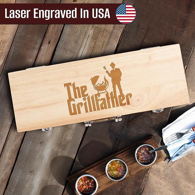 11-Piece BBQ Grilling Set with Engraved Maple Wood Box Gift for Dad Men Stainless Steel Tools with Wooden Handles The Grillfather - Christmas