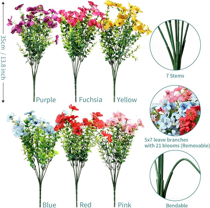 24 Bundles Realistic Artificial Flowers for Outdoors, Fake Flowers UV Resistant, Faux Plants Greenery Beautify Outdoor Hanging Planters Porch Patio Yard Garden Wedding Farmhouse Home Decor