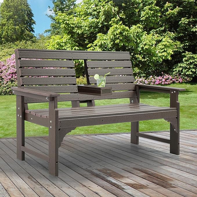 Outdoor Bench Weatherproof - HDPE 2-Person Garden Bench with Cup Holders, Bench Furniture with Backrest and Armrests, 700 lbs Capacity, Patio Park Bench for Front Porch Backyard Park (Brown)