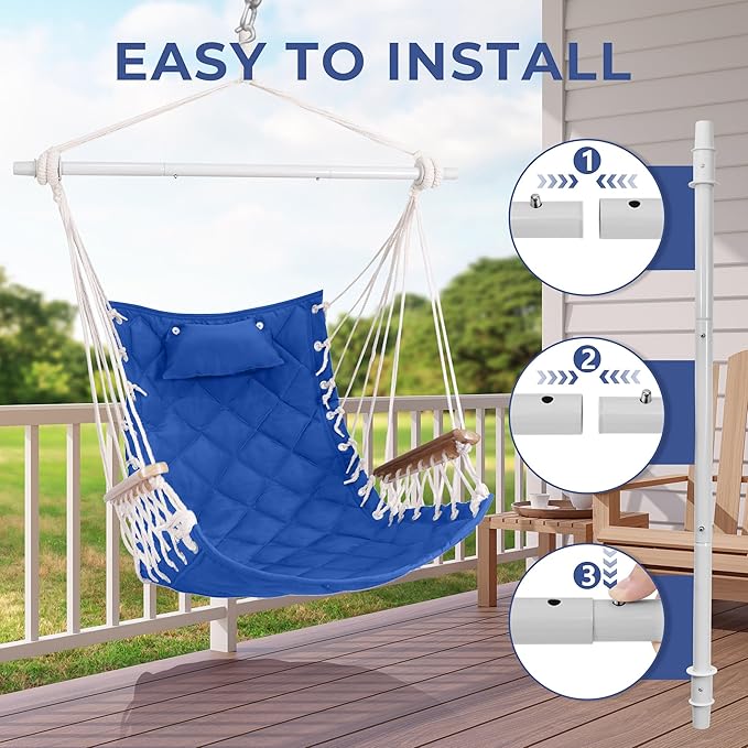 Hammock Chair Hanging Swing with Wooden Armrests;Steel Spreader Bar,Pillows,Hardware kit Included;Cotton Woven ;Up to 350 Lbs,for Indoor Outdoor Blue