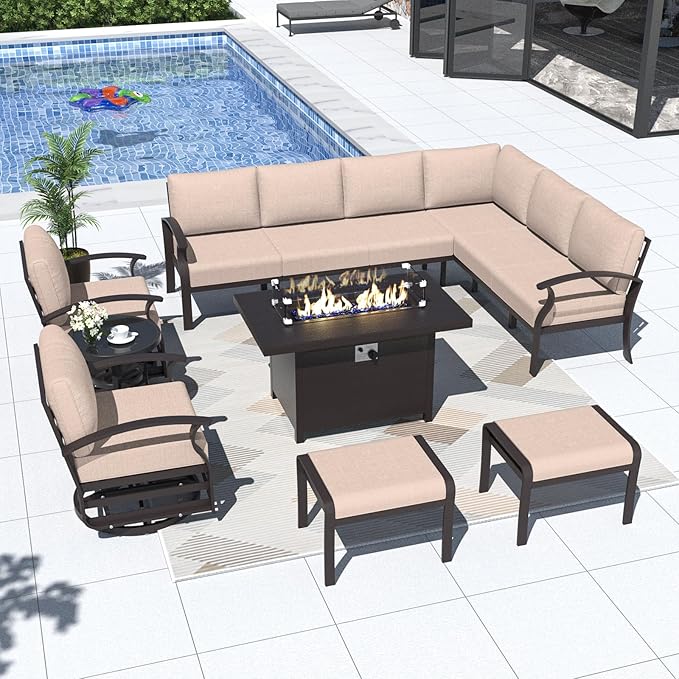 Kurapika Patio Furniture Set 10-Piece Aluminum Sectional Sofa with Armrest, Modern Outdoor Conversation Set w/55000 BTU Propane Fire Pit Table, Metal Corner Sofa with Ottoman, Sand