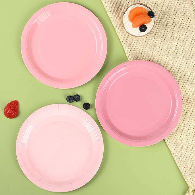Pink Paper Plates Gradient Pink Party Plates 7” Disposable Round Dessert Plates for Birthday Wedding Bridal Engagement Baby Shower Party Supplies 4 Colors (48)