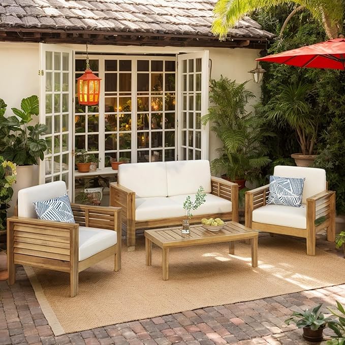 4-Piece Patio Furniture Set: Outdoor Acacia Wood Patio Furniture Set with Loveseat, Sectional Sofa & Coffee Table with Premium Cushions, Durable Conversation Set for Backyard, Garden (4, brown)